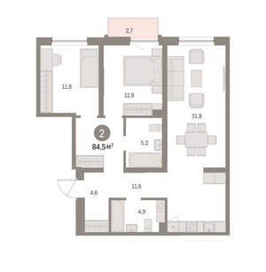2-к квартира, вторичка, 84м2, 2/16 этаж