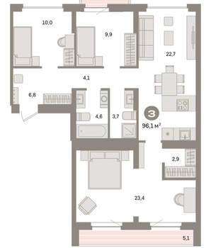 3-к квартира, вторичка, 96м2, 8/9 этаж