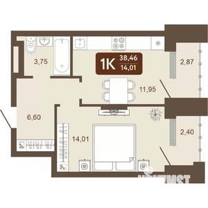 1-к квартира, вторичка, 38м2, 2/24 этаж