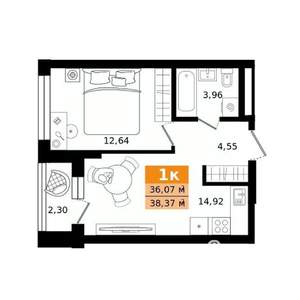 1-к квартира, строящийся дом, 38м2, 23/27 этаж