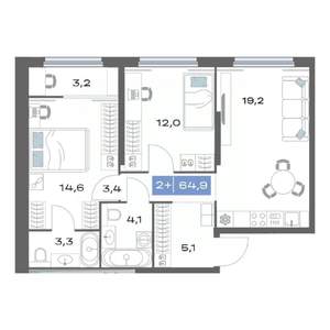 2-к квартира, строящийся дом, 65м2, 13/25 этаж