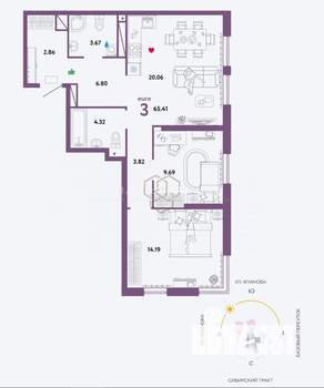 3-к квартира, сданный дом, 65м2, 20/32 этаж