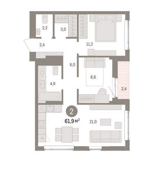 2-к квартира, вторичка, 62м2, 4/25 этаж
