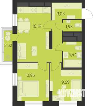 2-к квартира, строящийся дом, 53м2, 28/31 этаж