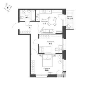 2-к квартира, строящийся дом, 57м2, 3/16 этаж