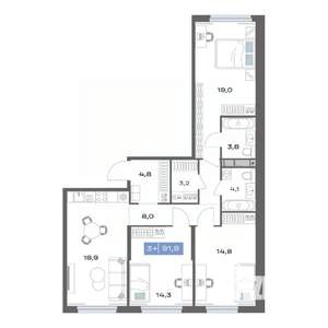 3-к квартира, строящийся дом, 92м2, 5/20 этаж