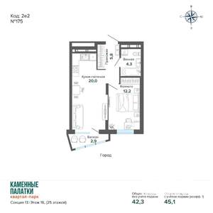 1-к квартира, вторичка, 45м2, 16/25 этаж