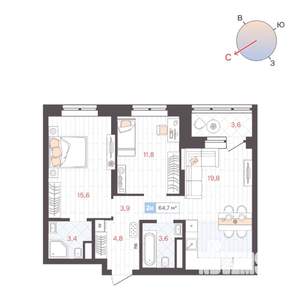 2-к квартира, строящийся дом, 65м2, 10/25 этаж