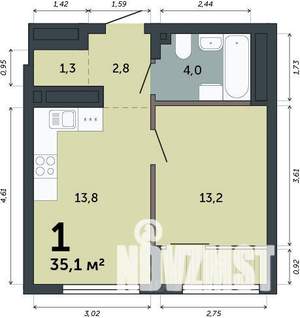 1-к квартира, строящийся дом, 35м2, 15/15 этаж