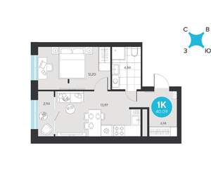 1-к квартира, строящийся дом, 40м2, 11/22 этаж