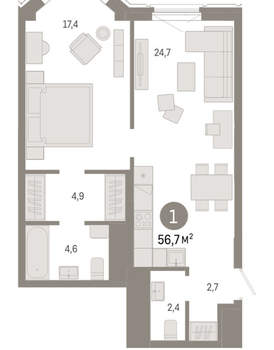 1-к квартира, вторичка, 57м2, 5/24 этаж