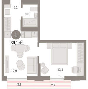 1-к квартира, вторичка, 39м2, 11/16 этаж