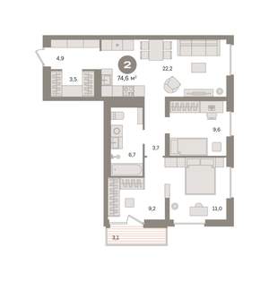 2-к квартира, вторичка, 75м2, 6/8 этаж