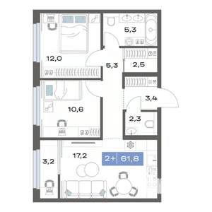 2-к квартира, строящийся дом, 62м2, 13/17 этаж