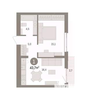 1-к квартира, вторичка, 44м2, 5/7 этаж