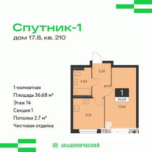 1-к квартира, вторичка, 37м2, 14/17 этаж