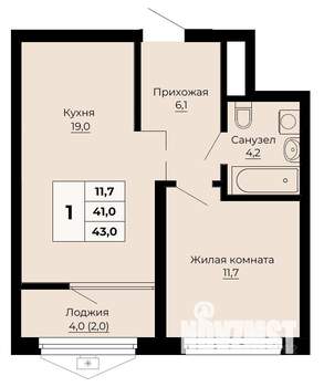 1-к квартира, строящийся дом, 43м2, 18/24 этаж