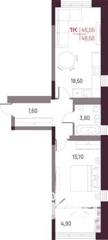 1-к квартира, вторичка, 46м2, 22/25 этаж