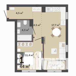 1-к квартира, строящийся дом, 44м2, 4/9 этаж