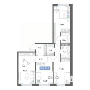 3-к квартира, строящийся дом, 91м2, 2/20 этаж