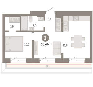 1-к квартира, вторичка, 55м2, 7/7 этаж