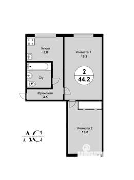 2-к квартира, вторичка, 44м2, 1/5 этаж