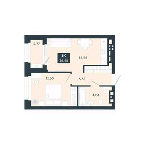 1-к квартира, строящийся дом, 39м2, 17/25 этаж