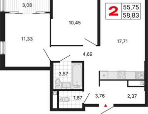 2-к квартира, вторичка, 59м2, 25/25 этаж