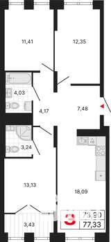 3-к квартира, вторичка, 77м2, 18/25 этаж