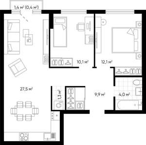 2-к квартира, строящийся дом, 65м2, 7/24 этаж