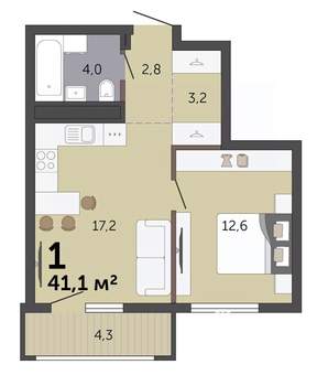 1-к квартира, строящийся дом, 41м2, 19/19 этаж