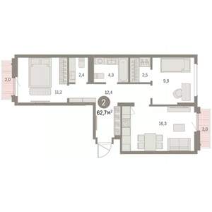 2-к квартира, вторичка, 63м2, 9/9 этаж