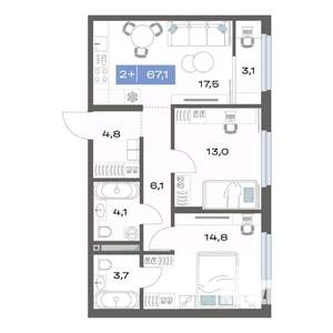 2-к квартира, строящийся дом, 67м2, 8/17 этаж