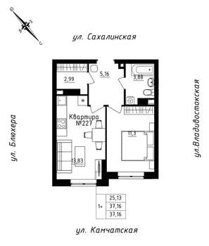 1-к квартира, строящийся дом, 37м2, 19/25 этаж