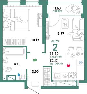 2-к квартира, строящийся дом, 34м2, 15/32 этаж