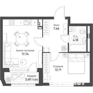 1-к квартира, строящийся дом, 45м2, 12/16 этаж