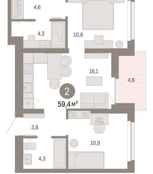 2-к квартира, вторичка, 59м2, 9/9 этаж