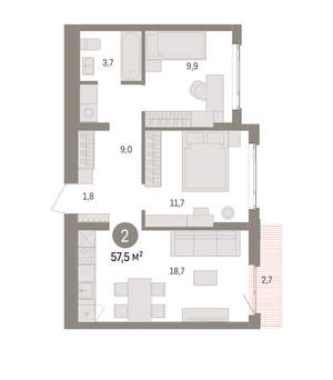 2-к квартира, вторичка, 58м2, 2/25 этаж