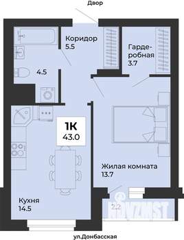 1-к квартира, строящийся дом, 43м2, 5/25 этаж