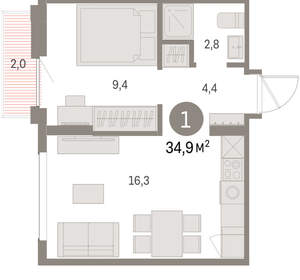 1-к квартира, вторичка, 35м2, 8/9 этаж