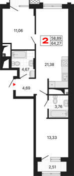 2-к квартира, вторичка, 64м2, 13/25 этаж
