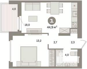 1-к квартира, вторичка, 45м2, 6/16 этаж