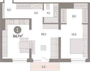 1-к квартира, вторичка, 65м2, 6/8 этаж