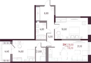 2-к квартира, вторичка, 77м2, 10/25 этаж