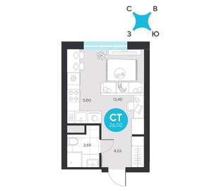 Студия квартира, строящийся дом, 26м2, 9/23 этаж