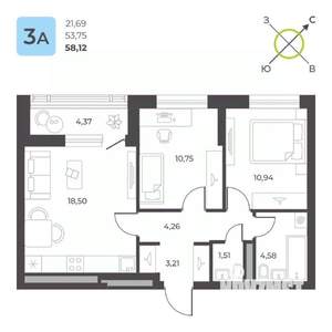 2-к квартира, строящийся дом, 58м2, 16/23 этаж