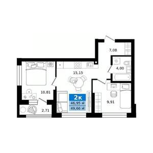 2-к квартира, строящийся дом, 50м2, 21/27 этаж