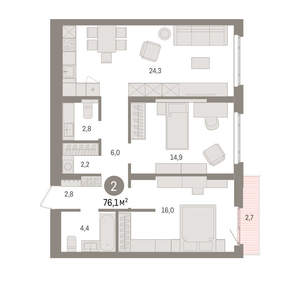 2-к квартира, вторичка, 76м2, 6/16 этаж