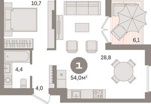 1-к квартира, вторичка, 54м2, 9/9 этаж