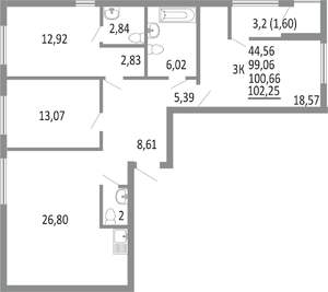 3-к квартира, вторичка, 101м2, 17/25 этаж
